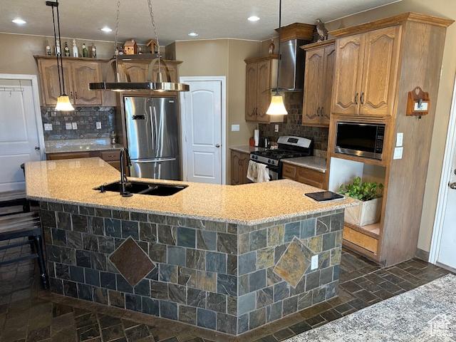 3741 W 5200 N, Cedar City, UT 84721 - kitchen with stainless steel appliances, a sink, a spacious island, backsplash, and wall chimney range hood