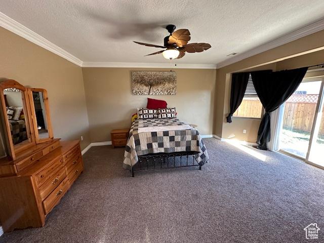 3741 W 5200 N, Cedar City, UT 84721 - carpeted bedroom featuring access to exterior, crown molding, a textured ceiling, baseboards, and a ceiling fan