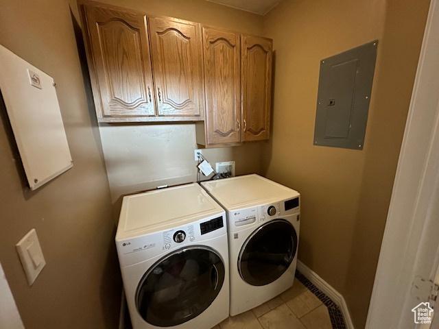 3741 W 5200 N, Cedar City, UT 84721 - laundry room with electric panel, separate washer and dryer, cabinet space, light tile patterned floors, and baseboards