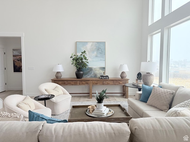577 N Hawthorn Dr Unit 29, Salem, UT 84653 - living area with baseboards, wood finished floors, and a towering ceiling
