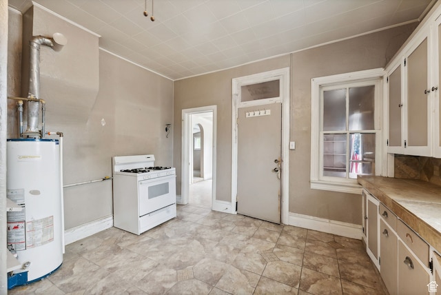 7865 S Main St, Midvale, UT 84047 - kitchen featuring white range with gas cooktop, tile countertops, light tile patterned floors, and gas water heater