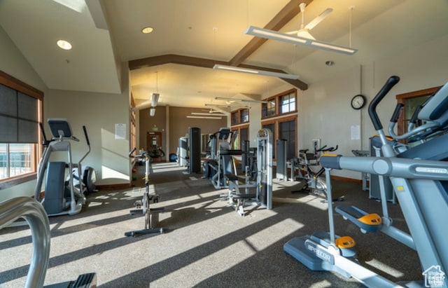 workout area with recessed lighting, vaulted ceiling, and a ceiling fan