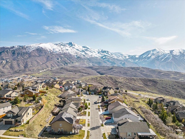 aerial view featuring a residential view and a mountain view