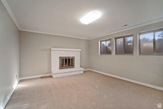 151 S Bernice Way N, Salt Lake, UT 84054 - unfurnished living room with crown molding, carpet floors, baseboards, and a brick fireplace