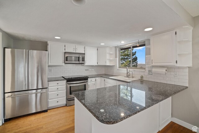 151 S Bernice Way N, Salt Lake, UT 84054 - kitchen featuring open shelves, stainless steel appliances, a sink, a peninsula, and light wood finished floors