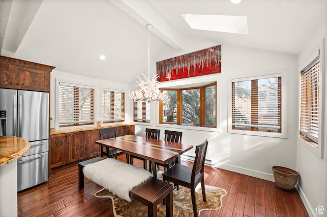 1492 W Meadow Loop Rd Unit 21/22, Snyderville, UT 84098 - dining room featuring lofted ceiling with skylight, dark wood-type flooring, and a chandelier