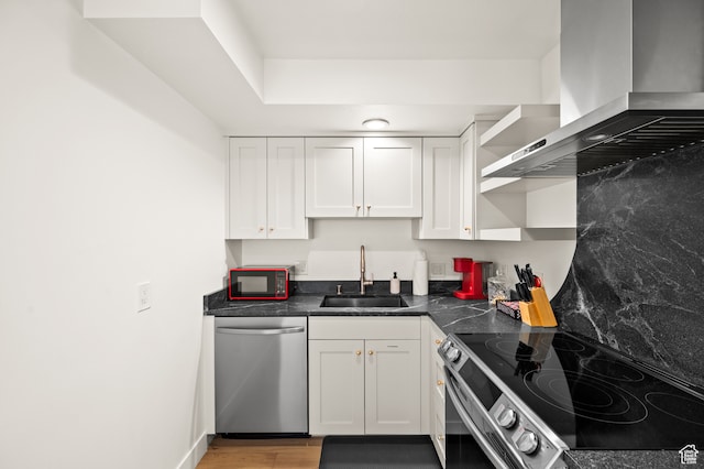1492 W Meadow Loop Rd Unit 21/22, Snyderville, UT 84098 - kitchen with white cabinetry, sink, wall chimney exhaust hood, and stainless steel appliances