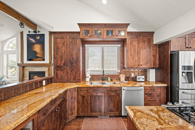 1492 W Meadow Loop Rd Unit 21/22, Snyderville, UT 84098 - kitchen with vaulted ceiling with beams, sink, plenty of natural light, and stainless steel appliances