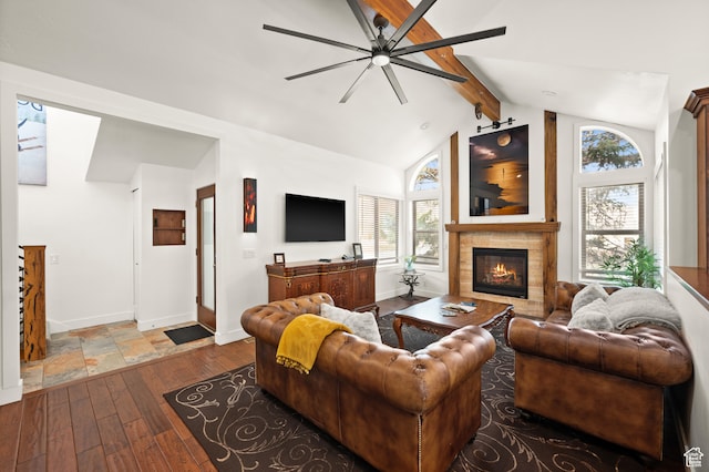 1492 W Meadow Loop Rd Unit 21/22, Snyderville, UT 84098 - living room with hardwood / wood-style floors, lofted ceiling with beams, ceiling fan, and a tiled fireplace