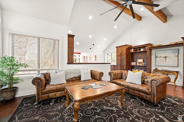 1492 W Meadow Loop Rd Unit 21/22, Snyderville, UT 84098 - living room featuring beam ceiling, dark hardwood / wood-style flooring, high vaulted ceiling, and ceiling fan