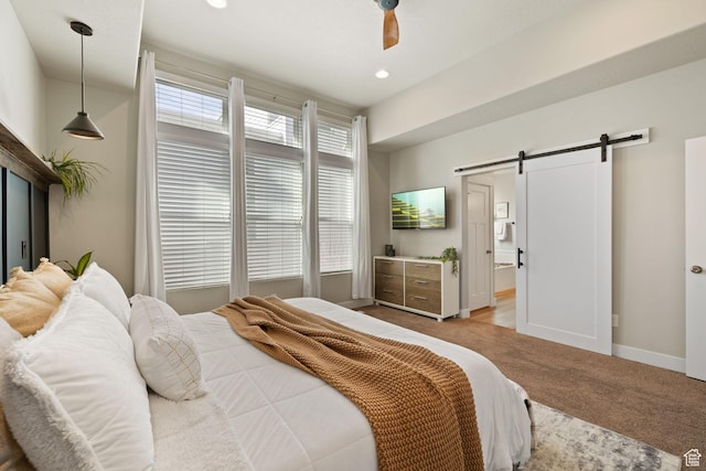 6443 W Early Bird Dr, South Jordan, UT 84009 - carpeted bedroom featuring a barn door, baseboards, and a ceiling fan