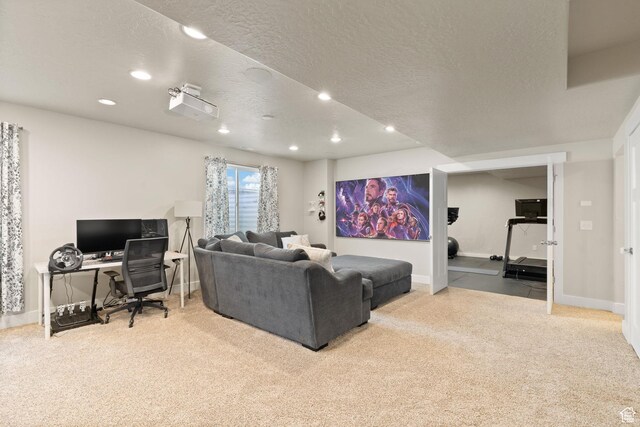 6443 W Early Bird Dr, South Jordan, UT 84009 - carpeted living room featuring recessed lighting, an office area, a textured ceiling, and baseboards