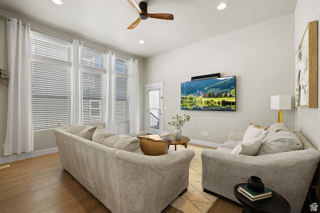 6443 W Early Bird Dr, South Jordan, UT 84009 - living room with ceiling fan, recessed lighting, baseboards, and light wood-style floors