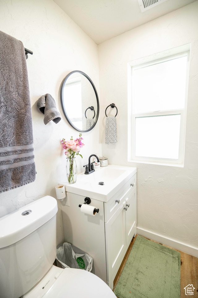 bathroom with hardwood / wood-style floors, vanity, and toilet
