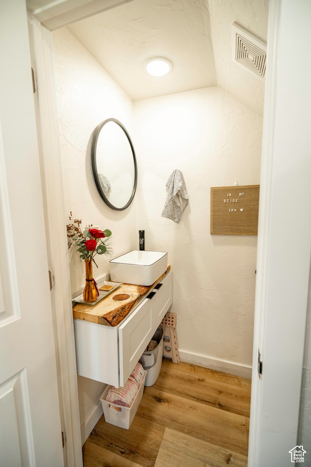 bathroom with vanity and hardwood / wood-style flooring