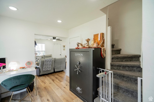 kitchen with light hardwood / wood-style floors and ceiling fan