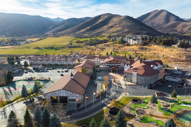 birds eye view of property featuring a mountain view