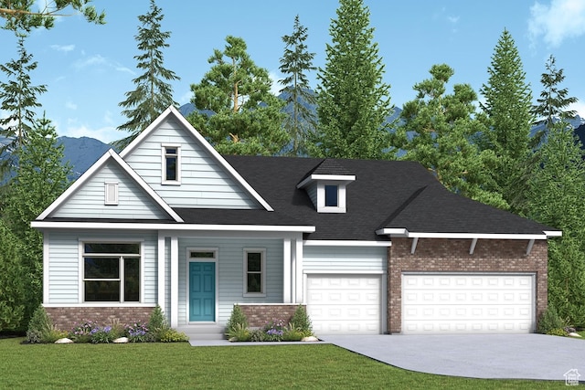 view of front of home featuring brick siding, roof with shingles, a front yard, concrete driveway, and an attached garage