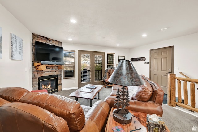 3521 N Fox Run Unit 811, Eden, UT 84310 - living room featuring carpet floors, recessed lighting, a fireplace, french doors, and baseboards