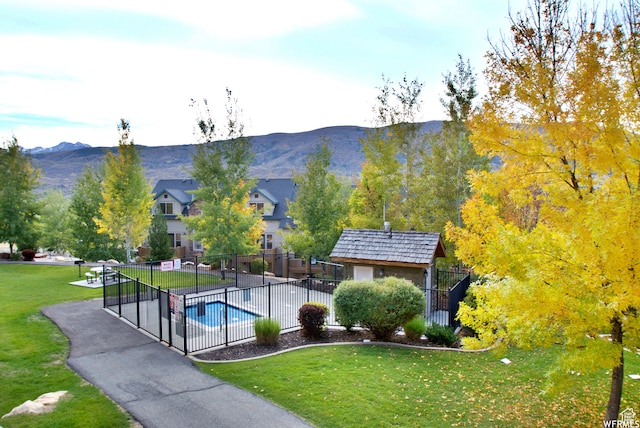 3521 N Fox Run Unit 811, Eden, UT 84310 - view of home's community featuring a pool, a mountain view, an outbuilding, and a patio area