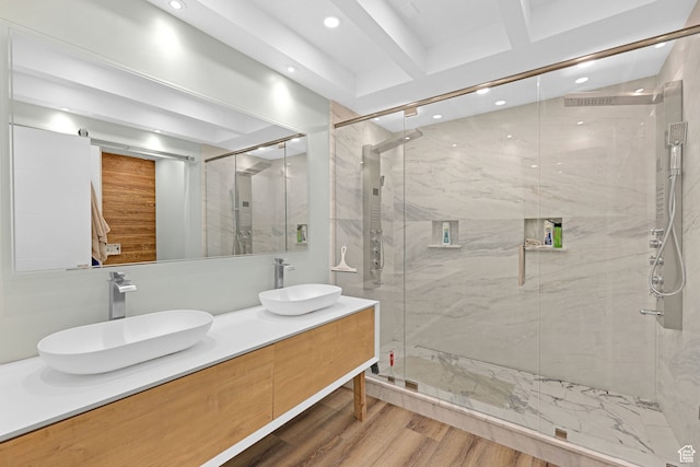 4325 S Park St E, Murray, UT 84107 - bathroom featuring beamed ceiling, hardwood / wood-style floors, vanity, and a shower with shower door