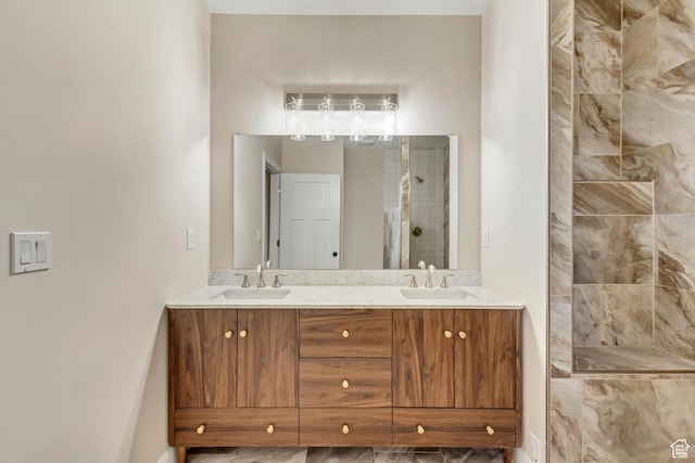 408 Rigdon St, Grantsville, UT 84029 - full bathroom featuring double vanity, tiled shower, and baseboards