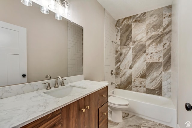 408 Rigdon St, Grantsville, UT 84029 - bathroom with vanity, toilet, shower / washtub combination, and marble look tiles