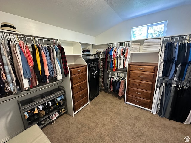 walk in closet featuring lofted ceiling and carpet floors