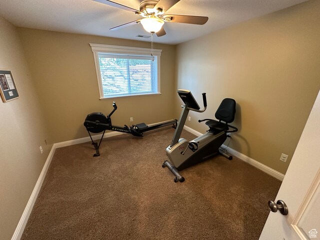 workout area with baseboards, visible vents, carpet floors, and a ceiling fan