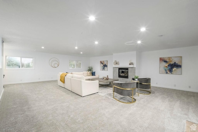 1837 N 440 W, Layton, UT 84041 - living room with recessed lighting, carpet floors, baseboards, and a tiled fireplace