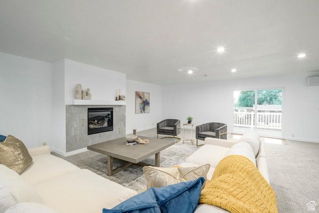 1837 N 440 W, Layton, UT 84041 - carpeted living room featuring recessed lighting, baseboards, a tiled fireplace, and a wall mounted AC