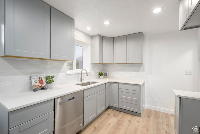 1837 N 440 W, Layton, UT 84041 - kitchen with dishwasher, gray cabinetry, a sink, light wood-type flooring, and recessed lighting