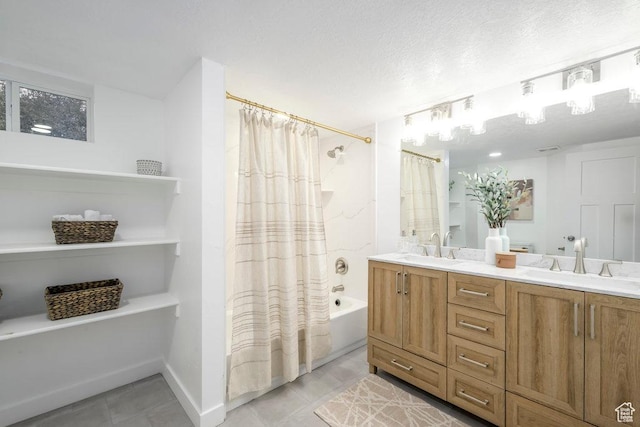 1837 N 440 W, Layton, UT 84041 - bathroom with shower / bath combination with curtain, double vanity, tile patterned floors, and baseboards