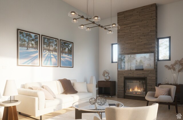 living room with plenty of natural light, a fireplace, and a high ceiling
