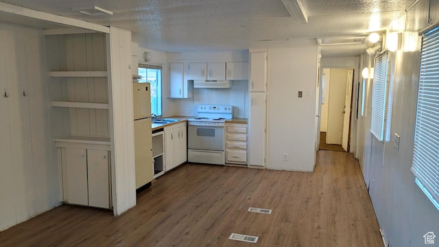 18250 N 4400 W, Fielding, UT 84311 - kitchen with white appliances, under cabinet range hood, wood finished floors, and light countertops