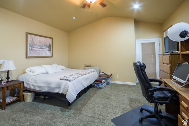 bedroom featuring carpet flooring, ceiling fan, and lofted ceiling