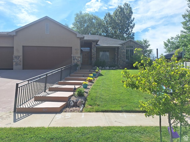 1126 S Valley View Dr W, Santaquin, UT 84655 - single story home featuring stone siding, a garage, driveway, a front lawn, and stucco siding
