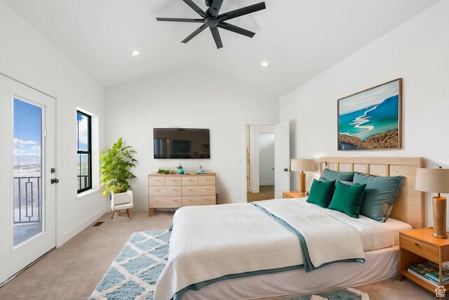 bedroom featuring visible vents, light carpet, a ceiling fan, access to outside, and vaulted ceiling