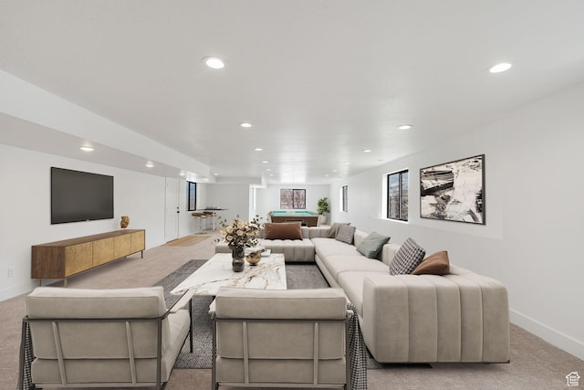 living room featuring recessed lighting, baseboards, light carpet, and pool table