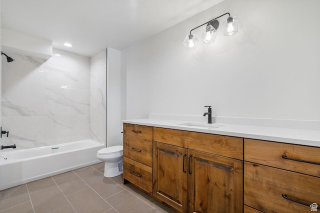 full bath with tile patterned floors, toilet, recessed lighting, vanity, and shower / bathtub combination