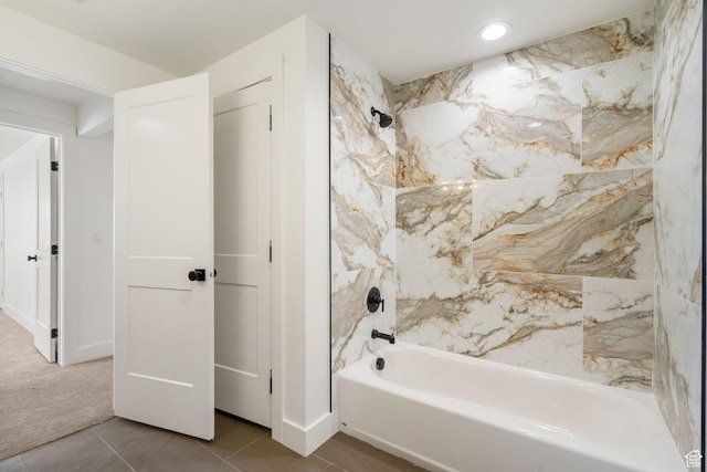 full bath with tub / shower combination, baseboards, recessed lighting, and tile patterned flooring