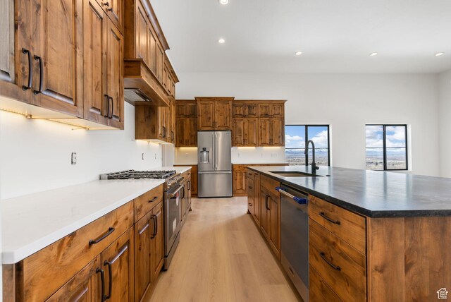 kitchen with a sink, recessed lighting, light wood-type flooring, and stainless steel appliances