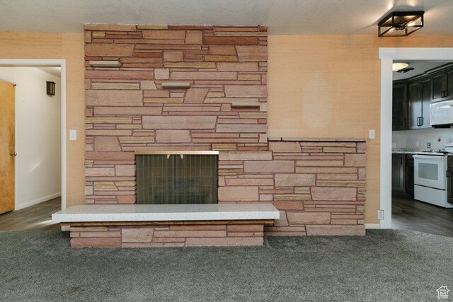 176 W 500 N, Malad City, ID 83252 - detailed view of white appliances, carpet, a stone fireplace, and baseboards