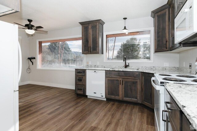 176 W 500 N, Malad City, ID 83252 - kitchen with white appliances, ceiling fan, dark brown cabinetry, and dark wood-style floors