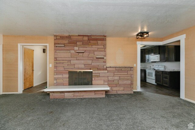 176 W 500 N, Malad City, ID 83252 - unfurnished living room featuring a fireplace, dark carpet, a textured ceiling, and baseboards