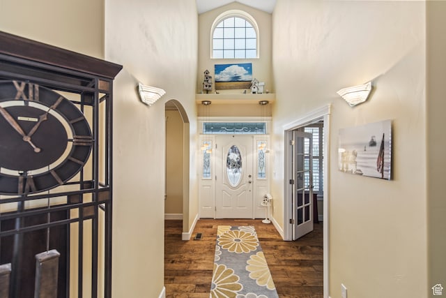 foyer entrance with dark hardwood / wood-style floors and lofted ceiling