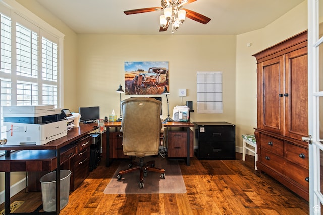 home office featuring dark hardwood / wood-style floors and ceiling fan