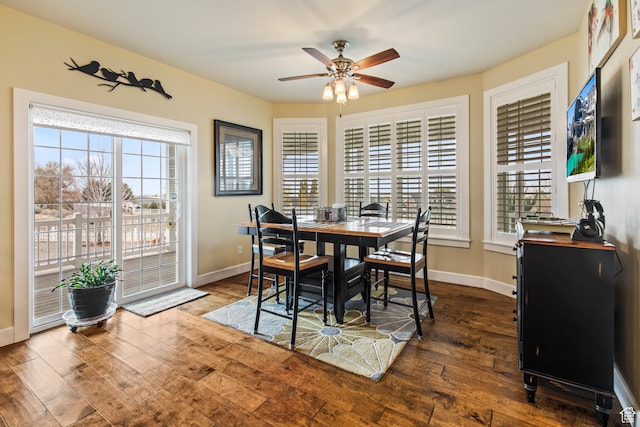 dining room featuring dark hardwood / wood-style flooring and ceiling fan