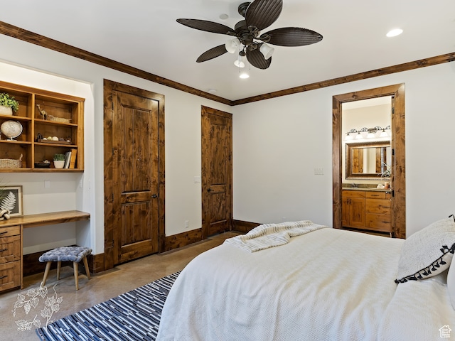 865 N Valley View Dr, Eden, UT 84310 - bedroom with crown molding, baseboards, recessed lighting, built in study area, and a ceiling fan