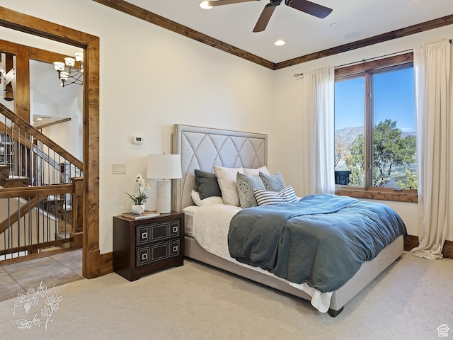 865 N Valley View Dr, Eden, UT 84310 - carpeted bedroom with recessed lighting, baseboards, ornamental molding, and ceiling fan with notable chandelier